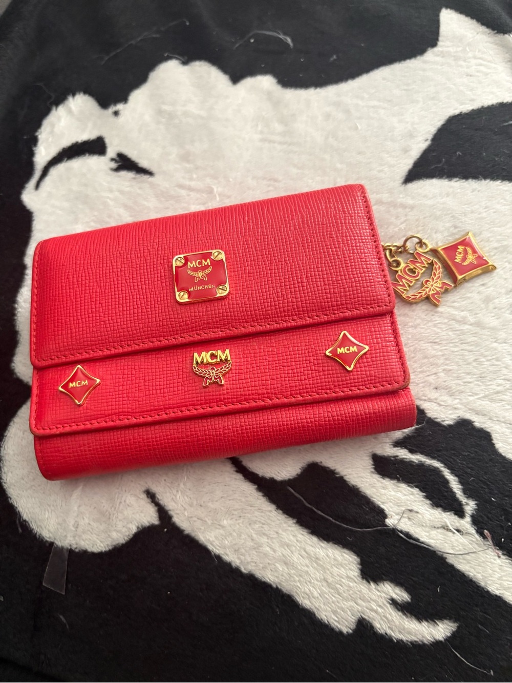 MCM Red Leather Fold Wallet with Gold Logo Accents - Picture 1 of 8